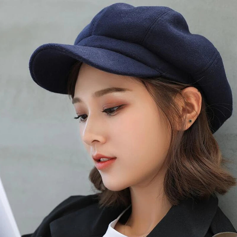 Women's Hat Autumn Warm Octagonal Hat Woolen Cloth Casual Beret Cap Solid Artist Painter Newsboy Hat Men Cap Boina