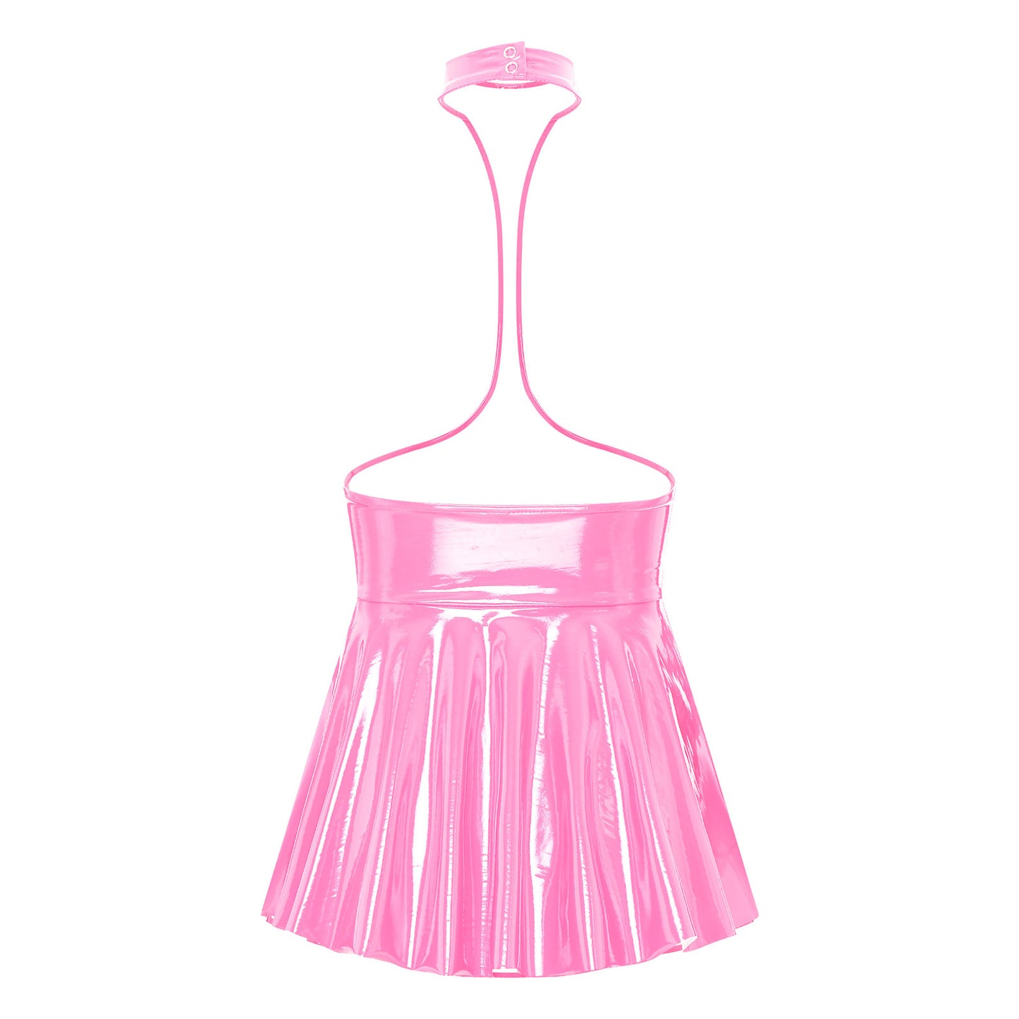 Womens Patent Leather Halter Latex Dress Wet Look Bare Breast Exposing Patent Leather Open Chest Halter Ruffled Latex Dresses