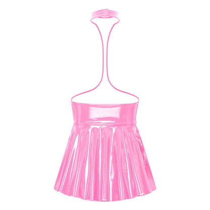 Womens Patent Leather Halter Latex Dress Wet Look Bare Breast Exposing Patent Leather Open Chest Halter Ruffled Latex Dresses