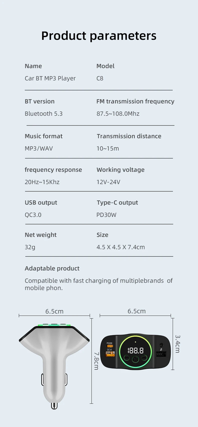 PD30W+QC3.0 Bluetooth 5.3 Car MP3 Player FM Transmitter Wireless Handsfree U Disk Play Music USB Type-C Car Fast Charger Adapter