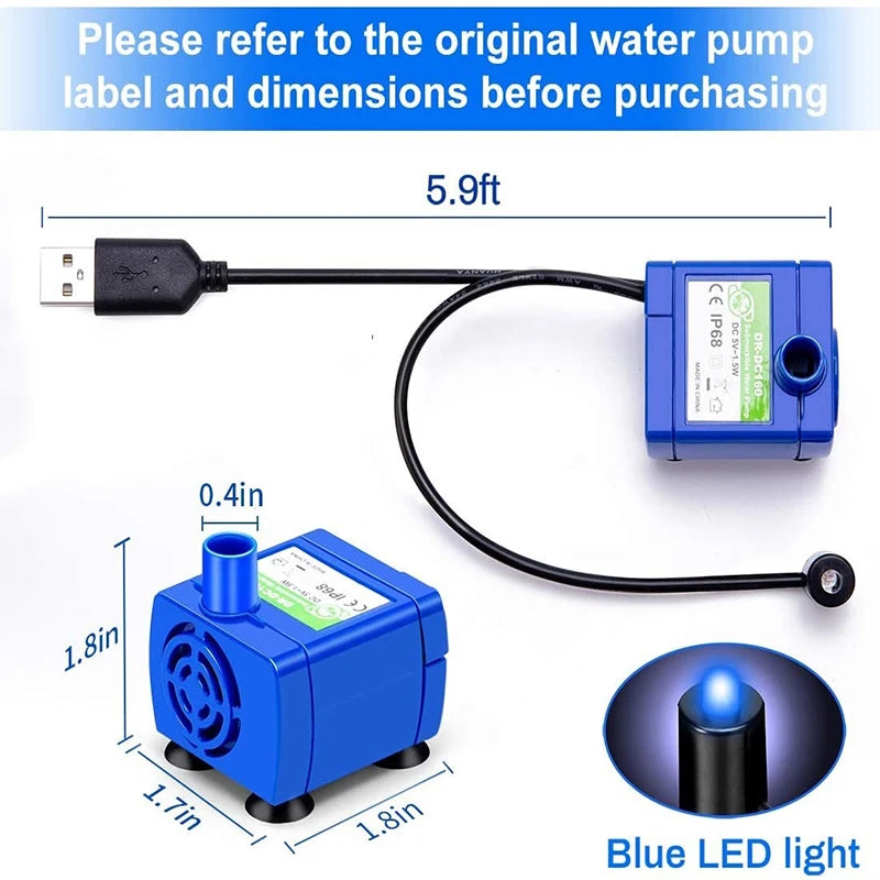 Pet USB Water Pump LED Light Pet Cat Water Fountain Motor Accessories Replacement for Cat Flowers Drinking Bowl Water Dispenser