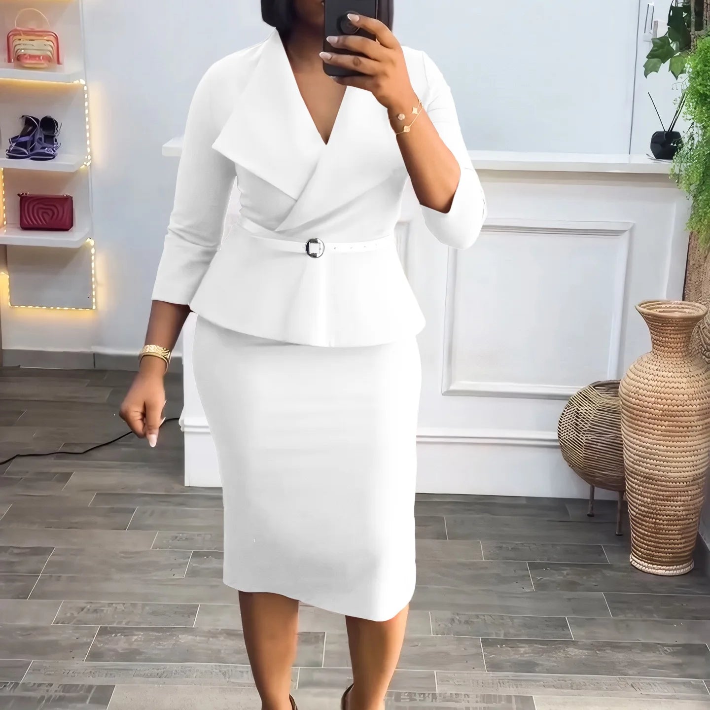 Elegant Office Dresses for Woman V Neck Full Sleeve Belt Waisted Sheath Package Hips Mid Calf Formal Business Work Wear Gowns OL