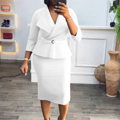 Elegant Office Dresses for Woman V Neck Full Sleeve Belt Waisted Sheath Package Hips Mid Calf Formal Business Work Wear Gowns OL