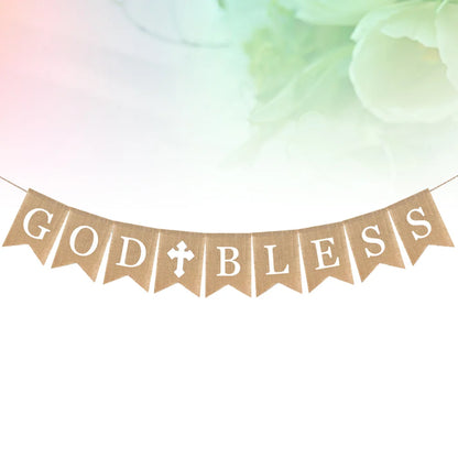 3PCS Communion Party Banner God Bless Baptism Christening Rustic Burlap Garland Banners For Wedding Baby Shower Decoration