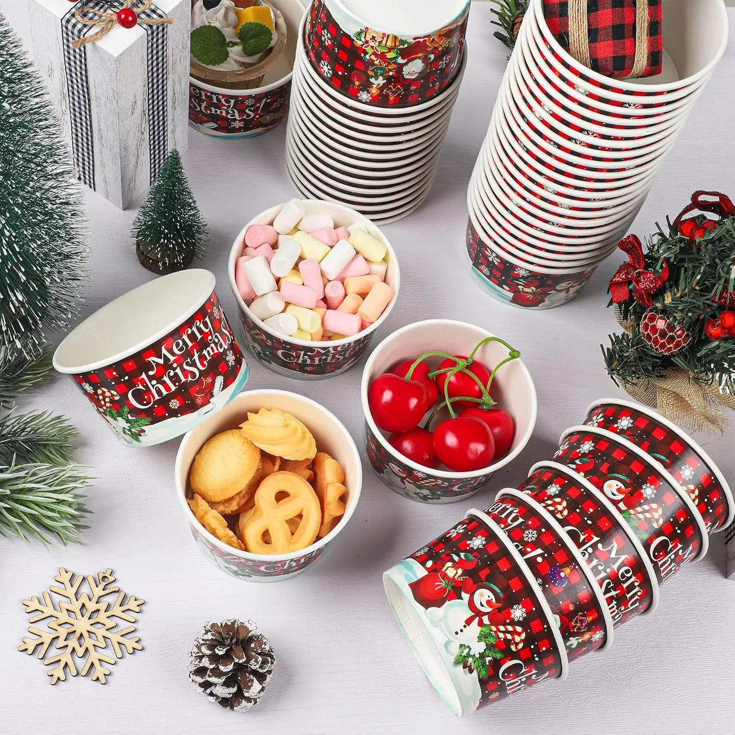 10/25pcs Christmas Snack Bowls Christmas Paper Ice Cream Cups, Santa Claus, Snowman Cake Paper Cups, 9oz Treat Dessert Bowls