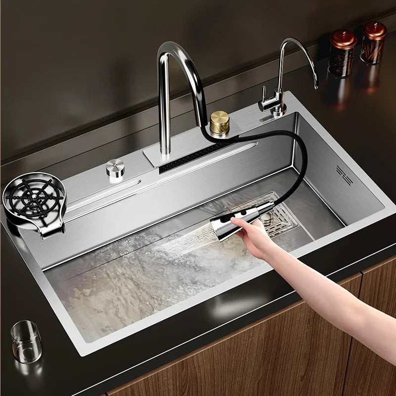Nano 304 Stainless Steel Sink Waterfall Large Single Slot Kitchen Sink Vegetable Sink Stainless Steel Sink Household Sink