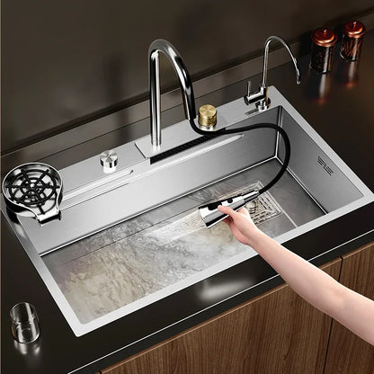 Nano 304 Stainless Steel Sink Waterfall Large Single Slot Kitchen Sink Vegetable Sink Stainless Steel Sink Household Sink
