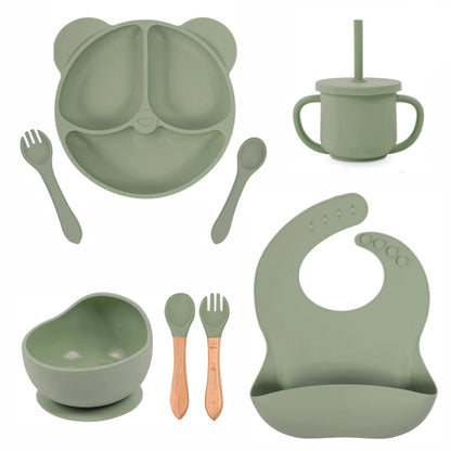 Customized Baby Silicone Feeding Set with Suction Cup Personalized Name Dish Divided Plate Bowl Spoon Cute Kid Eating Tableware