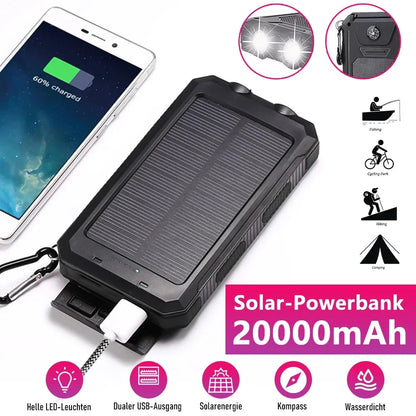 Solar Power Bank 20000mAh Charging Portable Charger Phone External Battery with SOS Flashlight 2-USB Outdoor Powerbank