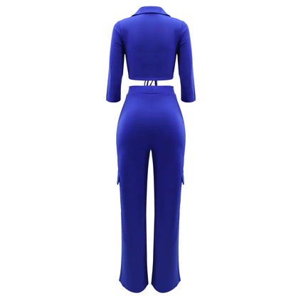 Elegant Office Women Two Piece Sets Autumn V Turn-down Neck Half Sleeve Drawstring Lace Up Short Shirt + Wide Leg Trousers Set