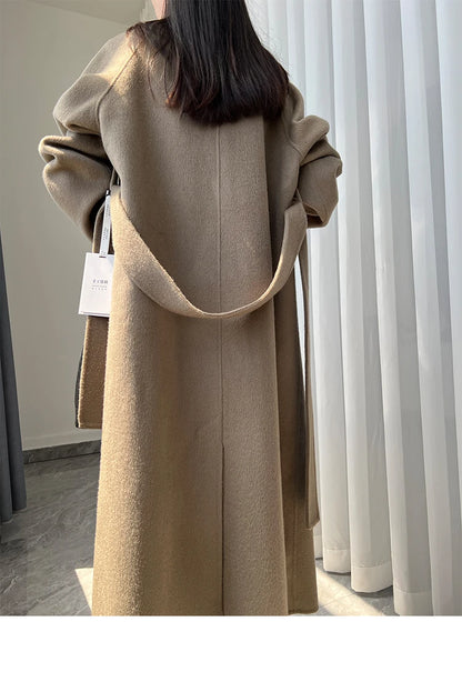 Office Lady Woolen Jackets 2024 Autumn And Winter Bathrobe Style Pocket Double-Sided Loose Lace -Up Tie Women's Long Wool Coats