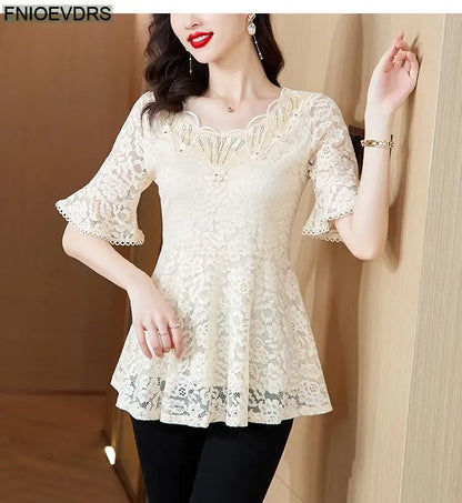 Office Shirts Basic Wear New Design 2025 Women Elegant Fashion Work Lady Bling Beaded Flare Sleeve Lace Tops Blouses