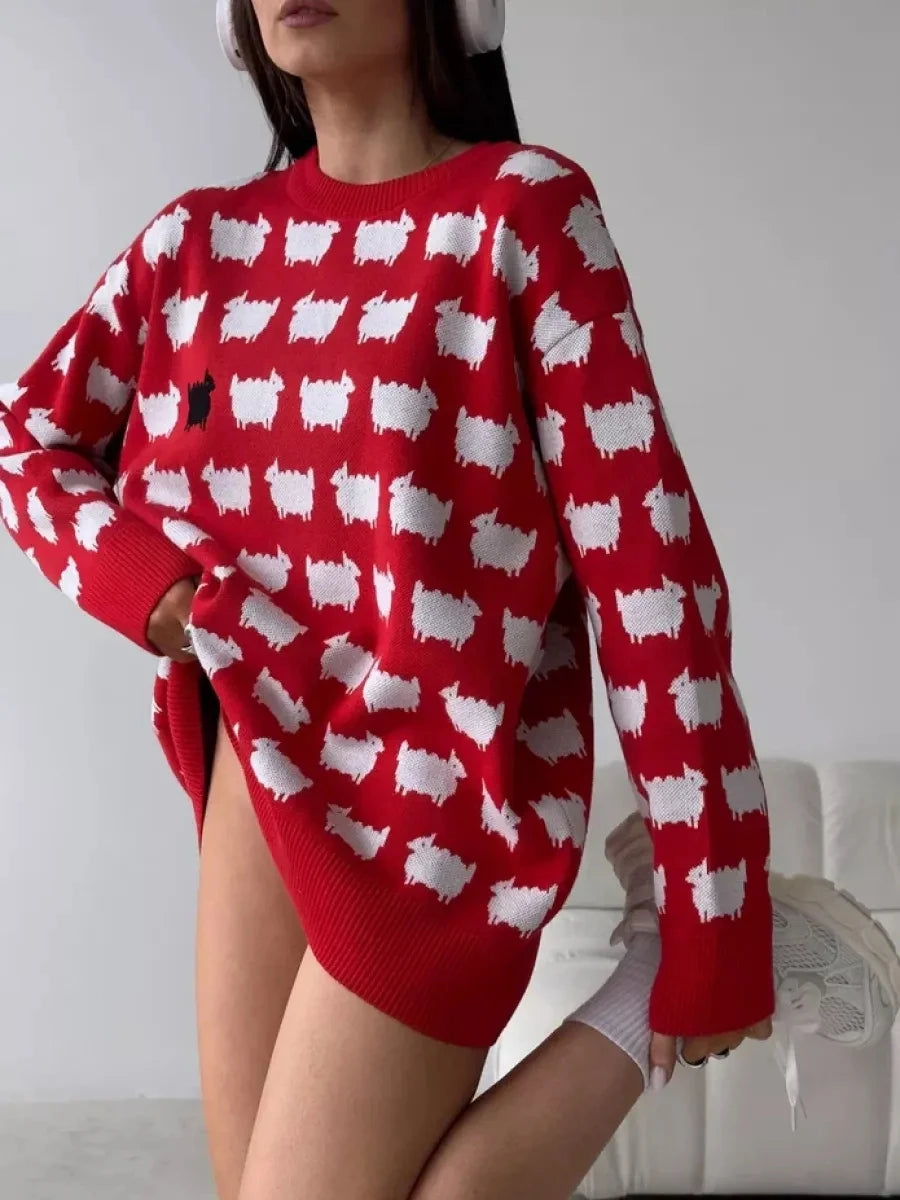 Women's Oversized Long Sweater, Cartoon Print, Loose, O Neck, Long Sleeve, Trendy Fashion, Winter