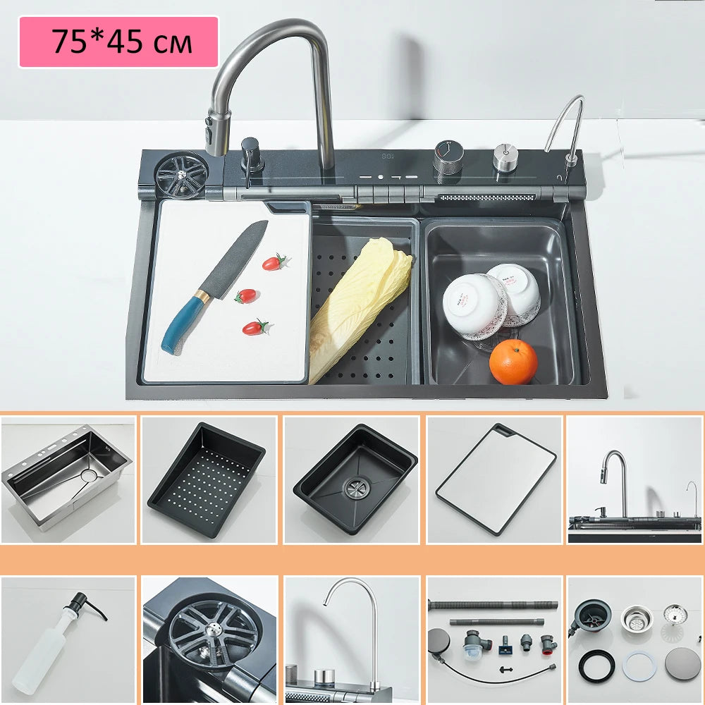 304 Stainless Steel Waterfall Kitchen Sink Large Single Slot Integrated Digital Display Faucet Set Soap Dispenser Cup Washer