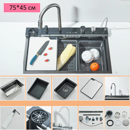 304 Stainless Steel Waterfall Kitchen Sink Large Single Slot Integrated Digital Display Faucet Set Soap Dispenser Cup Washer