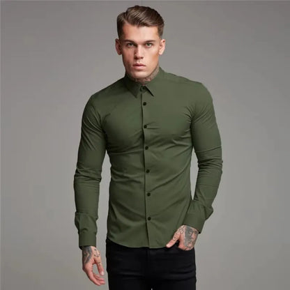 Men's Shirt Fashion Full Sleeve Shirt Men's Muscle Casual Slim-fit Business Dress Solid Color Shirt Men's Gym Fitness Men Shirt