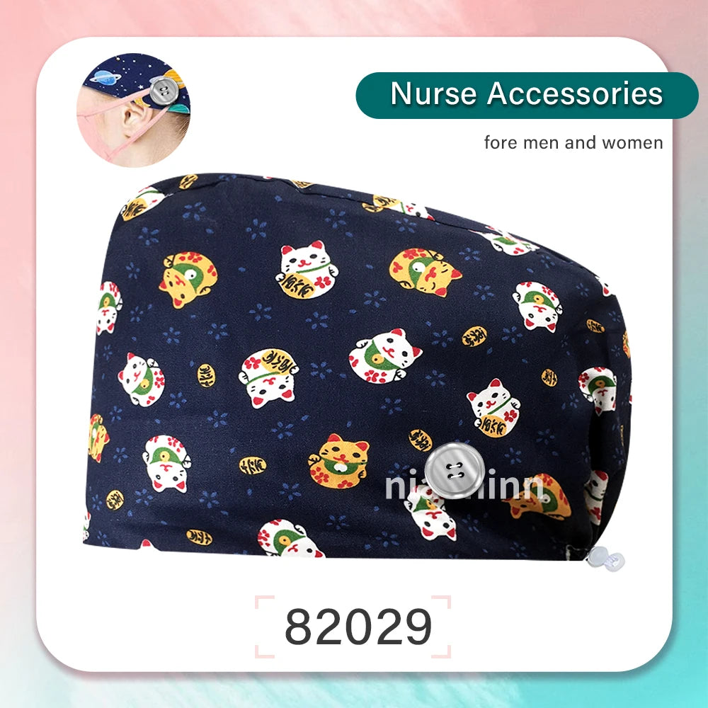 Cartoon Printed Operating Room Doctor Work Scrub Hat Pharmacy Dentistry Clinic Surgical Cap Adjustable Medical Nurse Accessories