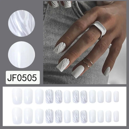 24PCS Short Square False Nails French White Edge Fake Nials Silver Flame Full Cover Press On Nails Detachable Ballerina Nail Tip