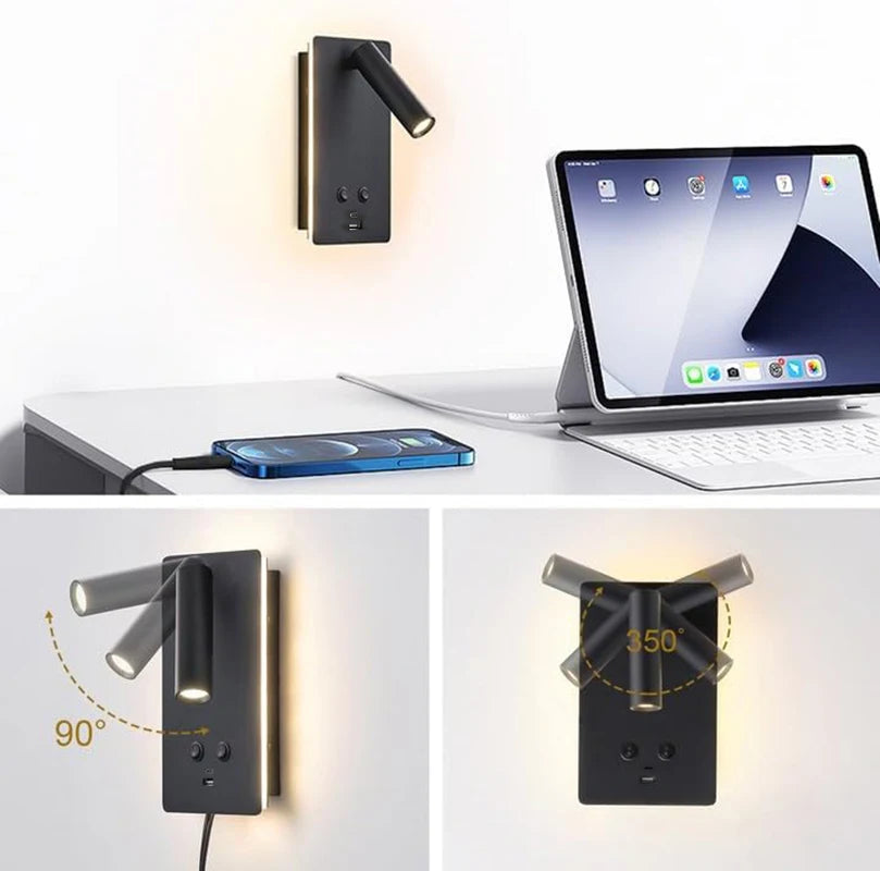 Indoor bedside wall lamp, with front and rear lighting modes, equipped with switch and USB C-type