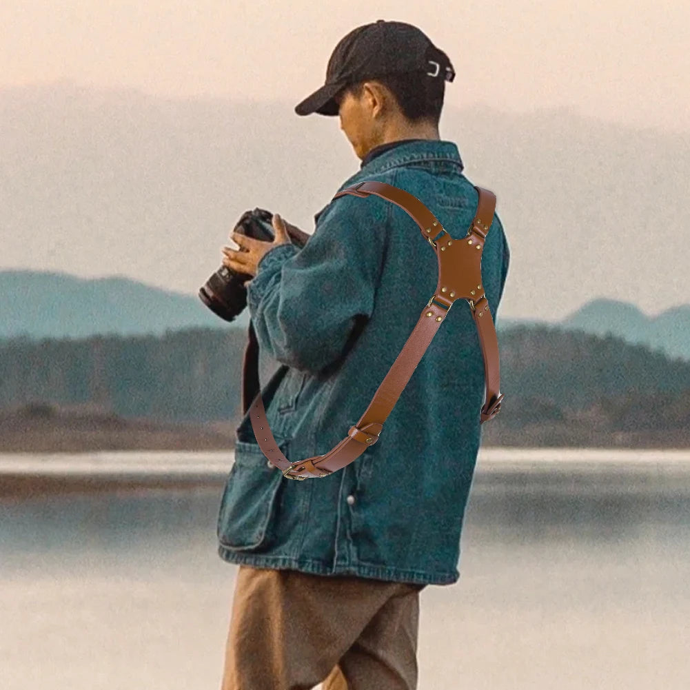 Dual Camera Strap Double Camera Harness Adjustable Leather Camera Straps Universal Camera Shoulder Strap for DSLR/SLR Cameras