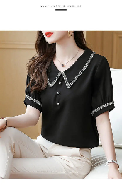 Top for Woman Office Outfits Clothing Black Women's Shirts and Blouses Chiffon Wear To Work Formal Collar Short Sleeve New 2024