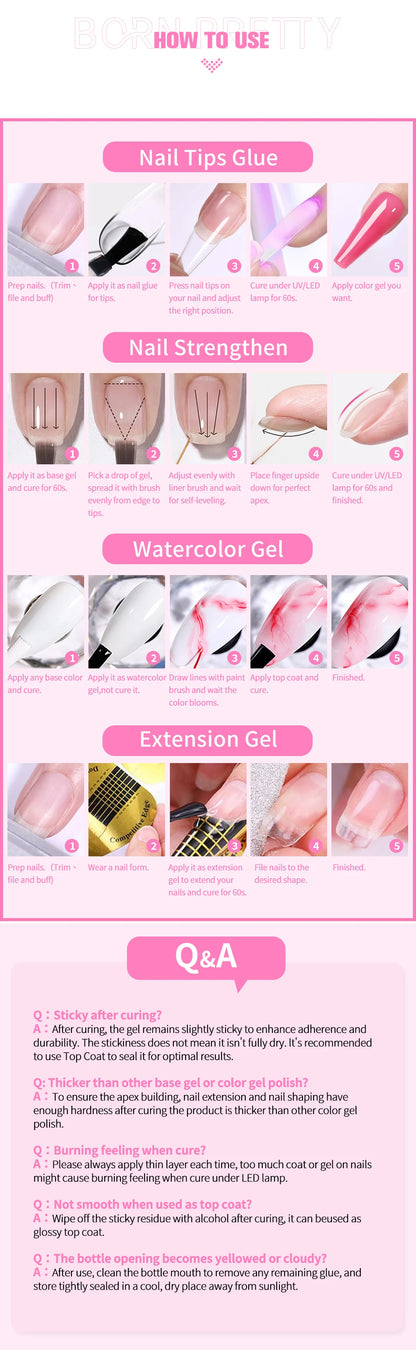 BORN PRETTY 6 IN 1 Nail Glue Gel 15ML for Acrylic Nails Soak off Base Gel Top Coat UV Extension Nail Gel False Nail Tips Gel