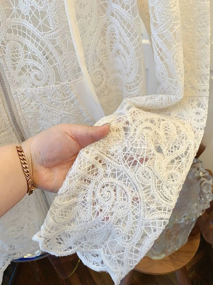 Oversized Tops Temperament Coat Women's Clothing Hooded Lace Hollow Out Outwear 2025 Ropa Mujer Casual Summer Fashion Jackets