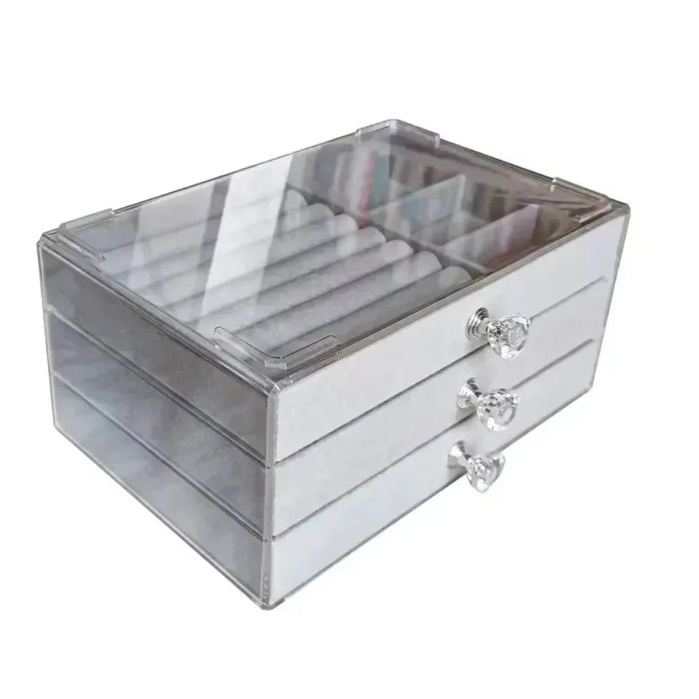 Organizer Box  Acrylic Velvet Jewelry Organizer with 3 Drawers Stackable Display Storage Earrings Necklace Bracelets Box Holder