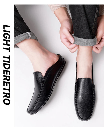 Closed Toe Half Shoes for Men Black Blue Mules Slippers Slip on Genuine Cowhide Leather Luxury Flat Sandals Man Summer 2025