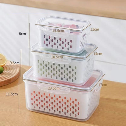 1- 3Pcs Refrigerator Organizer Boxes Fresh Fruit & Vegetable Keep - Fresh Containers with Draining Baskets Kitchen Storage Box