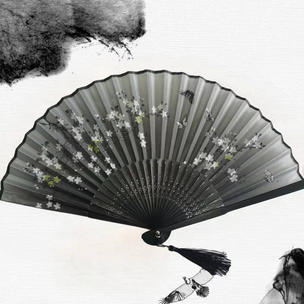 Bamboo Folding Fan Silk Chinese Fan Hand Women Black Fan Summer Female Dance Home Decoration Party Gift Home Ornament Fan Black