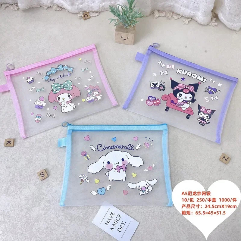 Sanrio Mesh Pen Bag Kuromi Cinnamoroll Cartoon Student Waterproof Storage Bag Translucent Matte Student Supplies