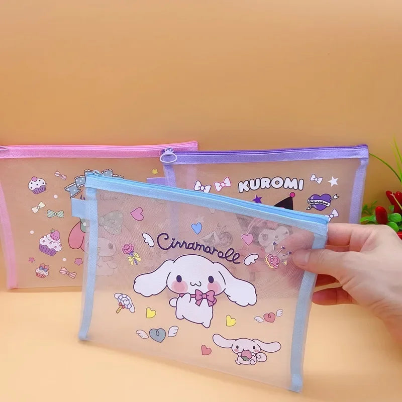 Sanrio Mesh Pen Bag Kuromi Cinnamoroll Cartoon Student Waterproof Storage Bag Translucent Matte Student Supplies