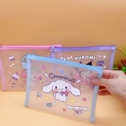 Sanrio Mesh Pen Bag Kuromi Cinnamoroll Cartoon Student Waterproof Storage Bag Translucent Matte Student Supplies