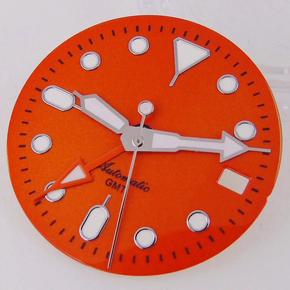 29mm NH34 Watch Dial Face Hand Set for S NH34 GMT Movement Orange Black Dial Plate Green Luminous SKX Mod Parts
