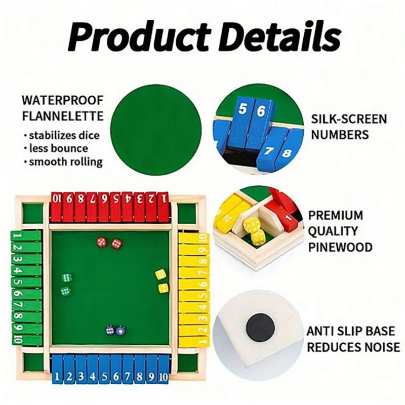Classic 4 Sided Wooden Board Game With 2 Dice And Shut-The-Box Instructions, Classics Tabletop Version And Pub Board Game