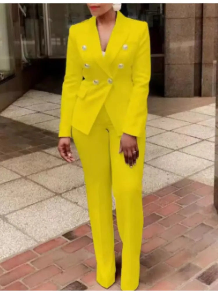 New Office Ladies Two Piece Sets Womens Outifits 2025 Spring Fashion Long Sleeve Double Breasted Blazer Plain Elegant Pants Set