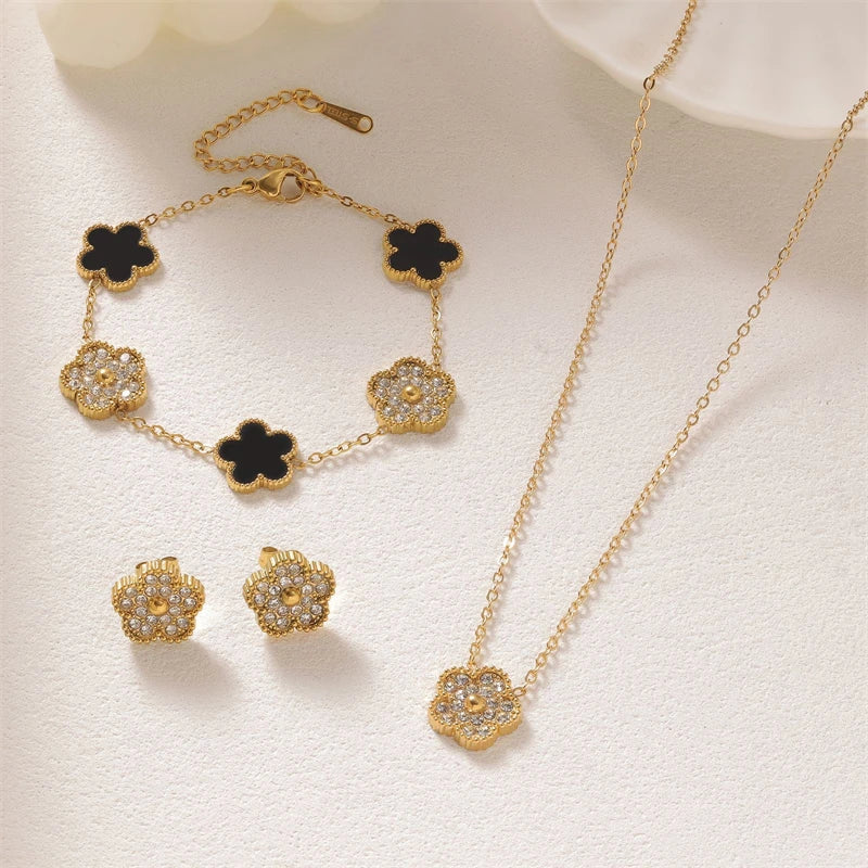 316L Stainless Steel 2025 New Fashion Fine Jewelry Set Zircon 5-Leaf Flowers Charm Chain Necklaces Bracelets Earrings For Women