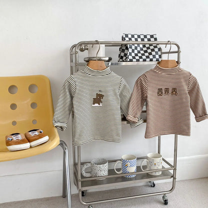 2025 Autumn Kids Baby Boys Shirts Striped Long Sleeve Cotton Bear Infant Boys Tops Stretch Versatile Toddler Boys Shirts