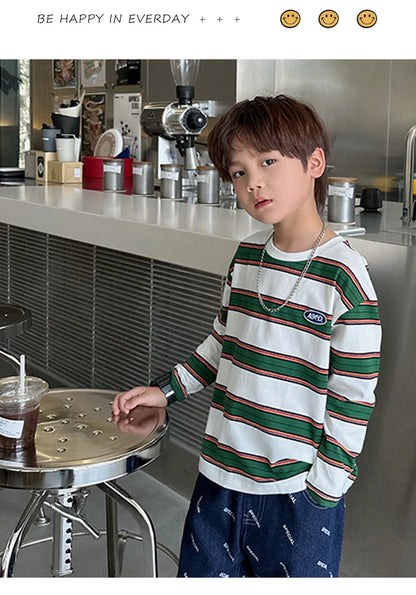 2025 Spring Autumn Kids Boys T-shirts Cotton Striped Loose Sticker Casual Long Sleeve Baby Girls Shirts Toddler Boys Tops