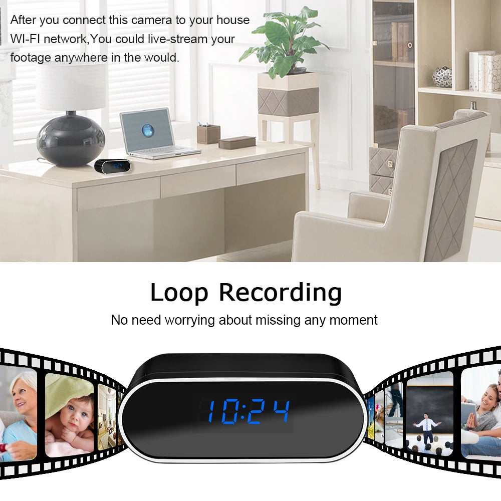 Full HD Digital Clocks Cameras Night Vision App Wifi Remote Monitoring Motion Detection Auto Loop Recording Mini Home Camcorder