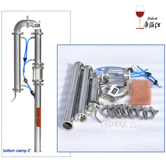 Copper Mesh Tube Distillation Tower with Sight Glass Bottom Clamp, Household Brewing Equipment, Brandy Vodka, 1.5 ", 2"