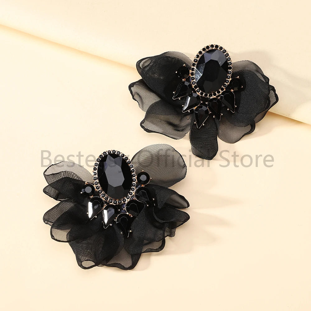 Bohemian Fabric Flower Earrings for Women Imitation Gemstone Floral Large Earrings Party Prom Beach Vacation Jewelry Accessories