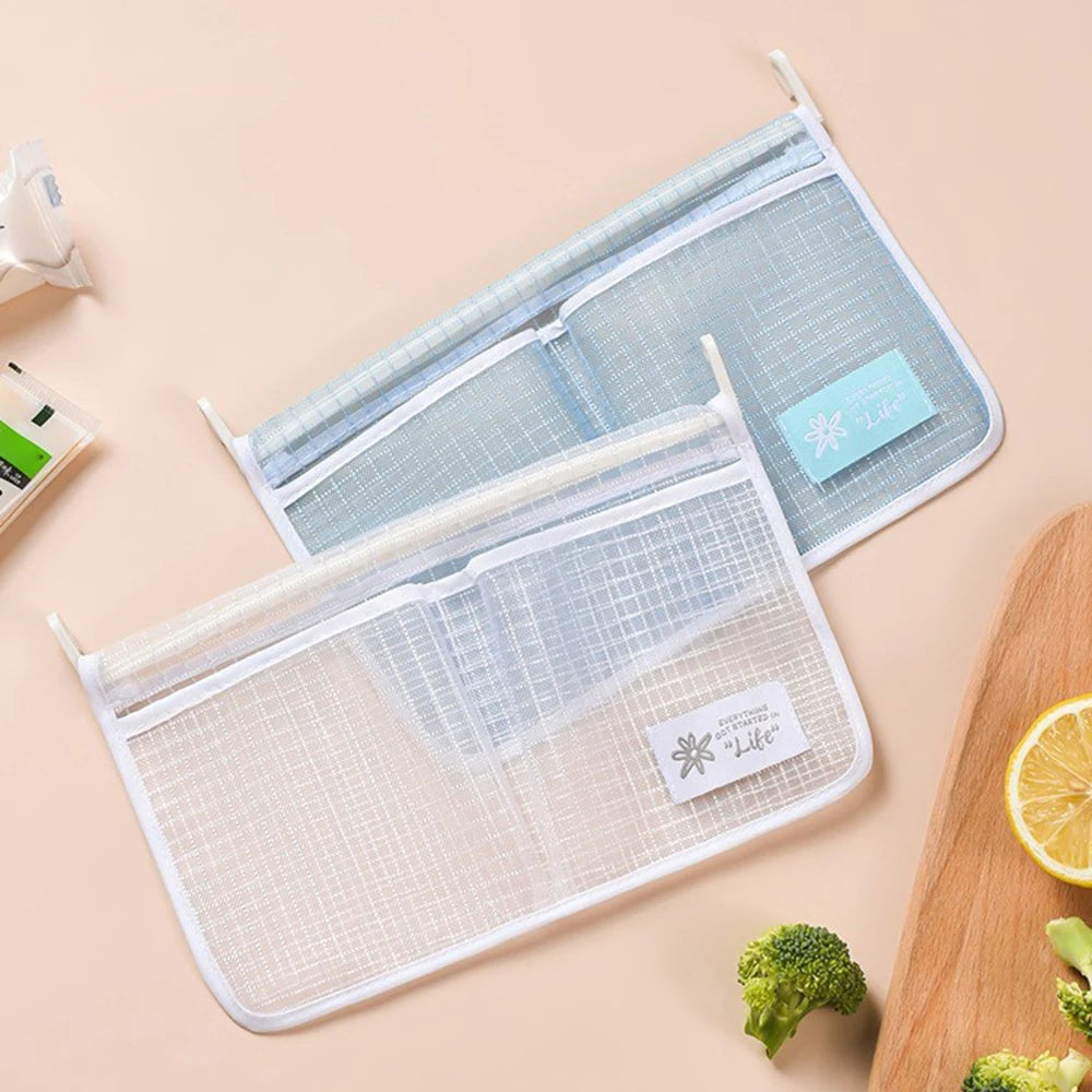 Dual Compartment Fridge Hanging Organizer - Mesh Storage Bags for Fruits/Snacks, No Hook Space Saving Bin with Clear Window
