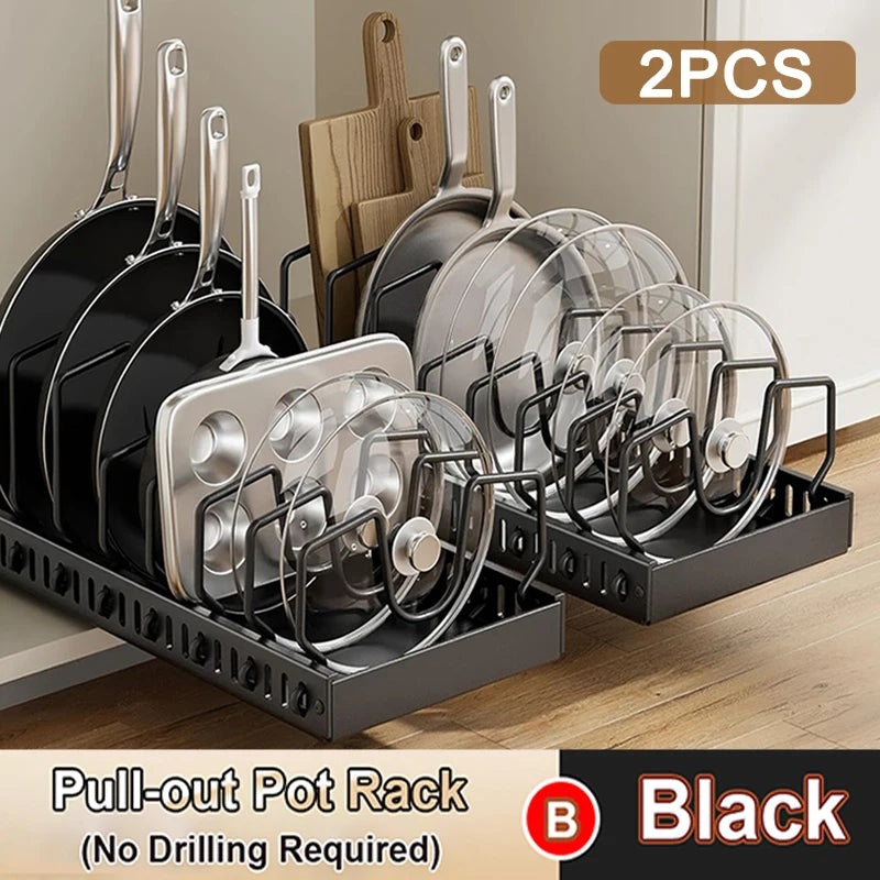 Pull out Pots and Pans Organizer Sliding Pot Lid Holder Kitchen Spice Rack Tableware Organizer Multifunctional Dish Drying Racks