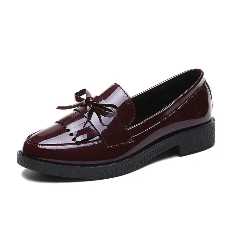 Womens Shoes Patent Leather Women Loafers British Tassel Casual Female Flat Shoes Bowknot Comfortable Small Leather Shoes
