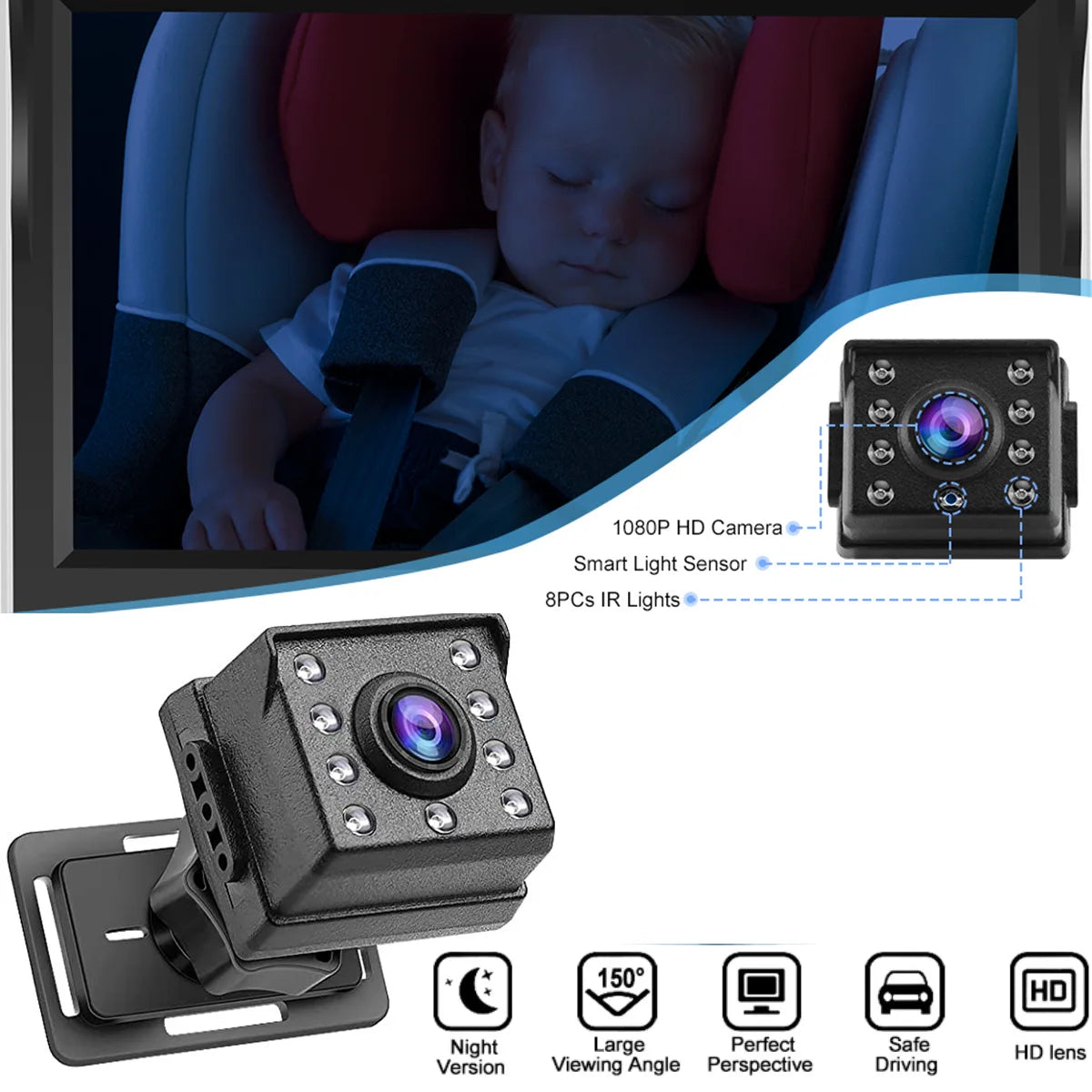 Car Rear View Monitor 4.3'' HD 1080P Screen Baby Car Mirror Adjustable Wide View Angle for Infants Kids Pets Night Vision Camera