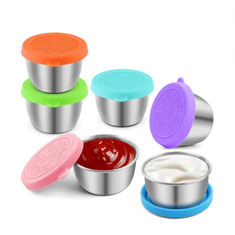 6 Pcs Set Leakproof Stainless Steel Dipping Sauce Cups Food Containers Reusable Salad Dressing Container Silicone Stretch Lids