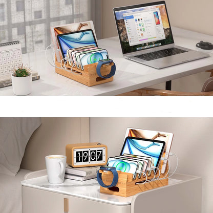 Bamboo Charging Station for Multiple Devices Desktop Docking Stations Holder for Cell Phone Tablet SmartWatch Earbuds Stand