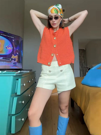 Elegant Unique Button Women's Cardigan Casual O-neck Knitted Single Breasted Sleeveless Blouse Female Summer Lady Office Wears